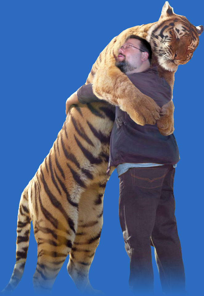 A funny picture of Mike Jones hugging a tiger